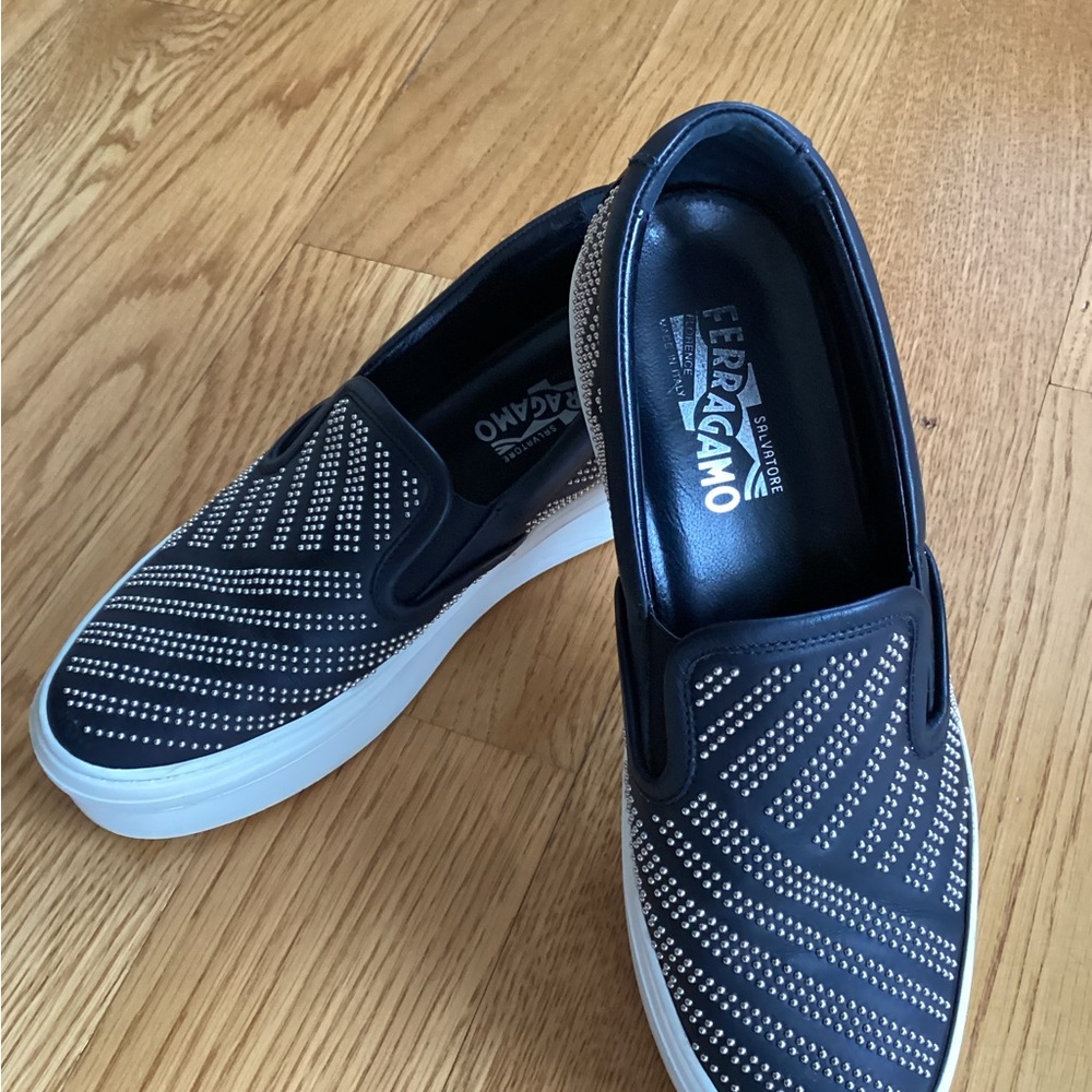 Salvatore Ferragamo Navy Slip-On Loafers with Silver Studs